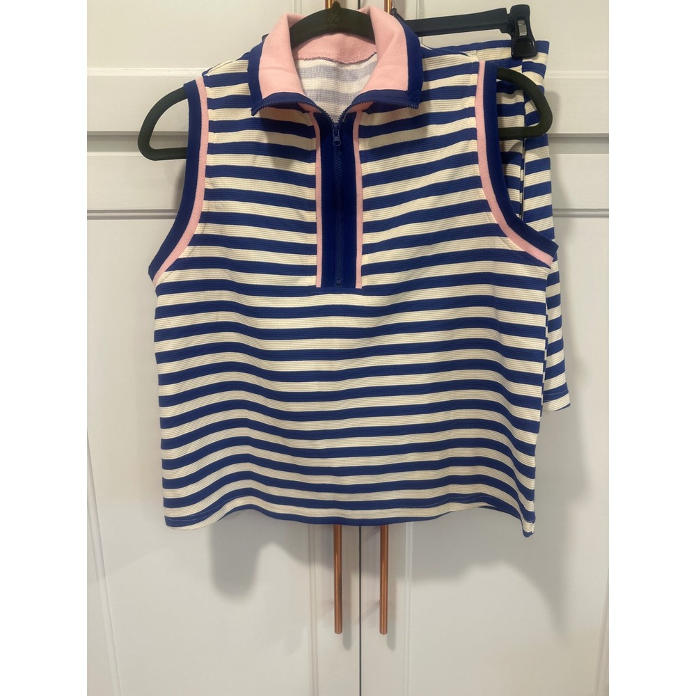 Blue White Striped 2 Piece Skirt Set Sleeveless tennis pickleball Small preppy